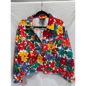 Carole Little Sport Floral Denim Jacket Womens Size 10 Cotton Button Front